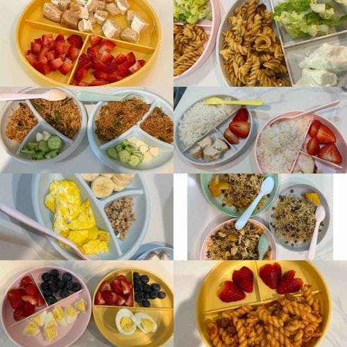 Collage of various meals for children served on divided plates