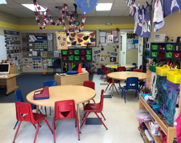 Classroom with small tables and chairs