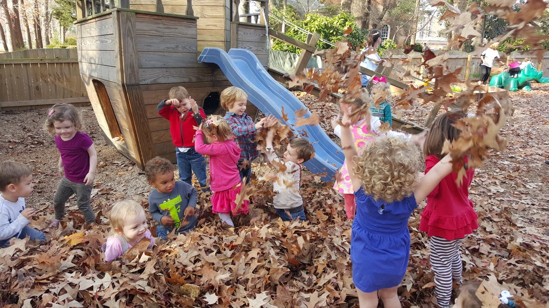 Children playing in a pile of autumn leaves near a playground slide