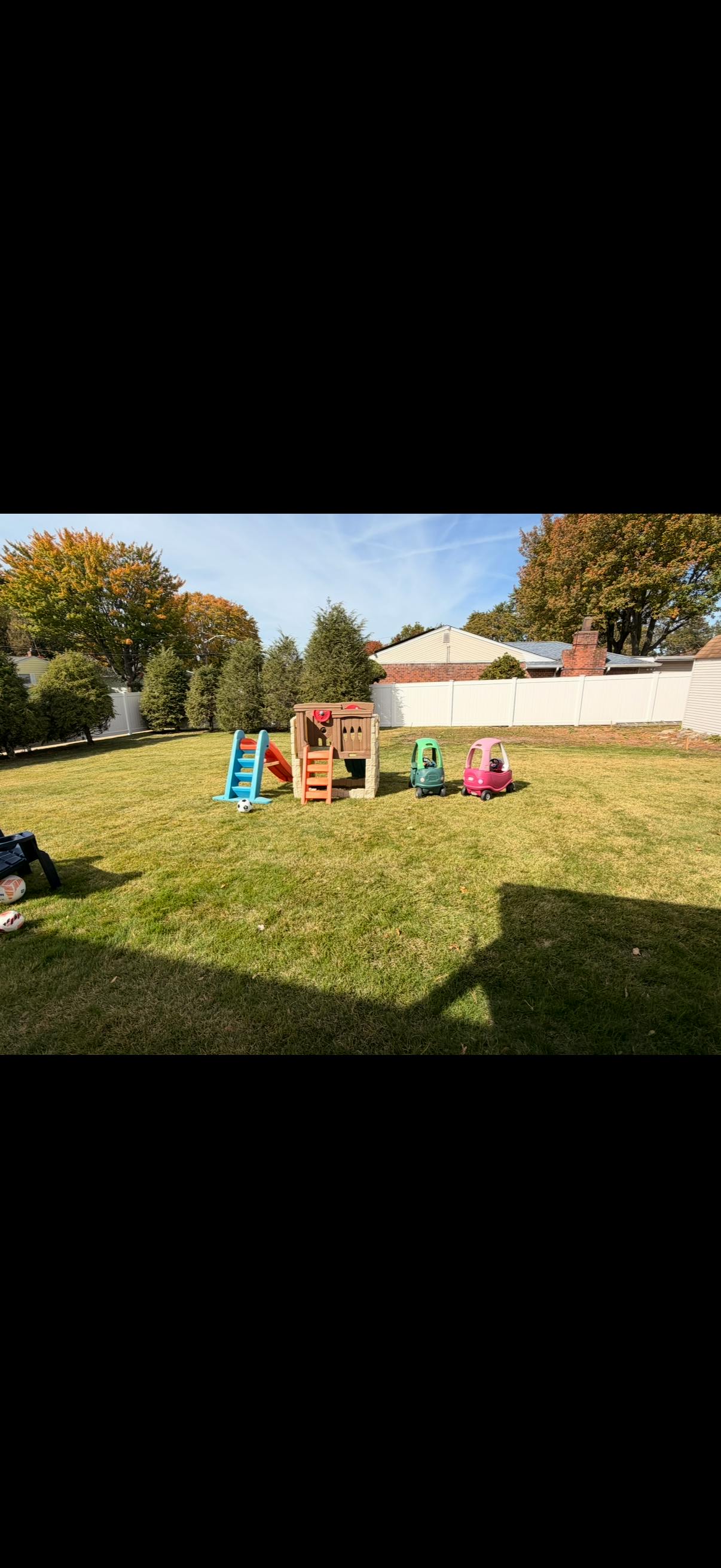 Backyard with a small playset and two toy cars on the grass