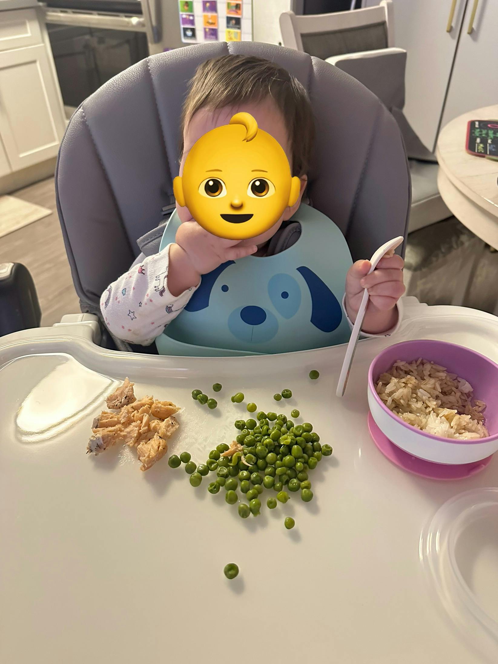 Child in a high chair with peas, tuna, and rice on the tray