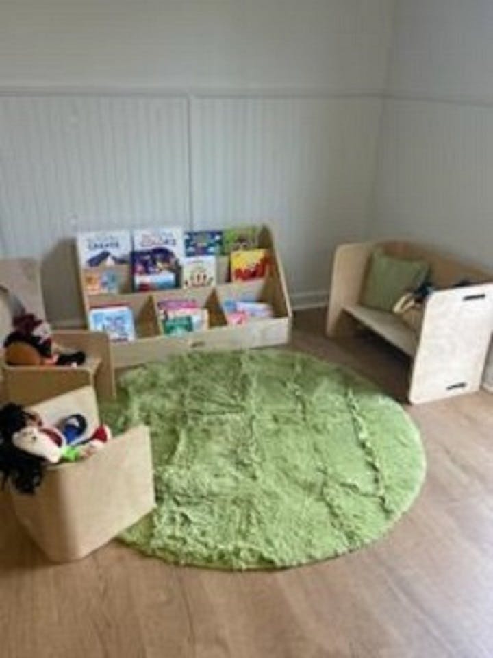 Bookshelf with children's books and a green rug in a room