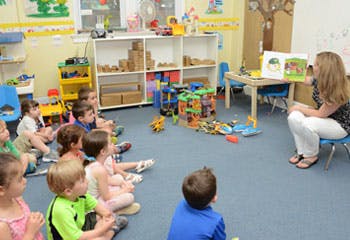 Adult reading a book to children in a classroom
