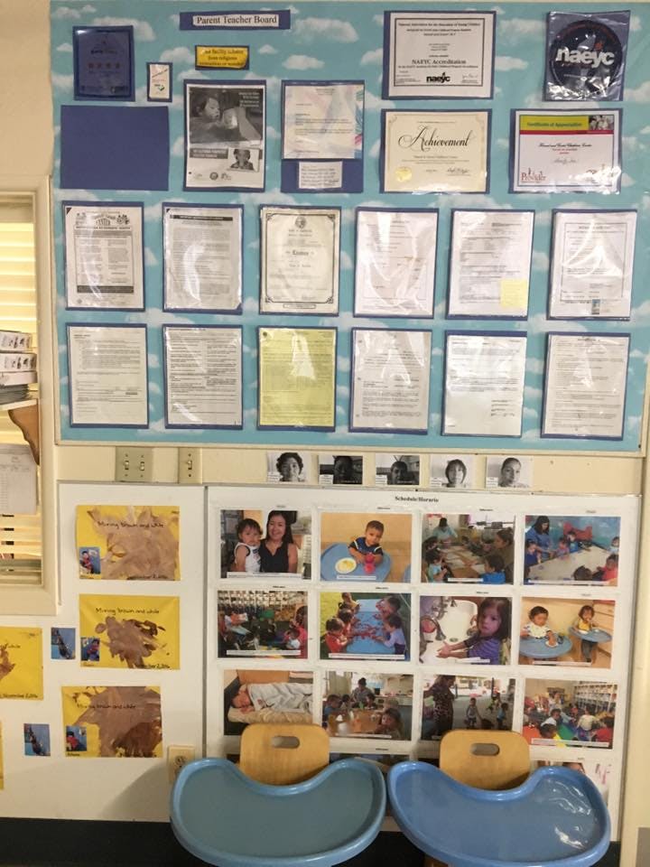 Wall display with documents, photos of people and children, and two high chairs