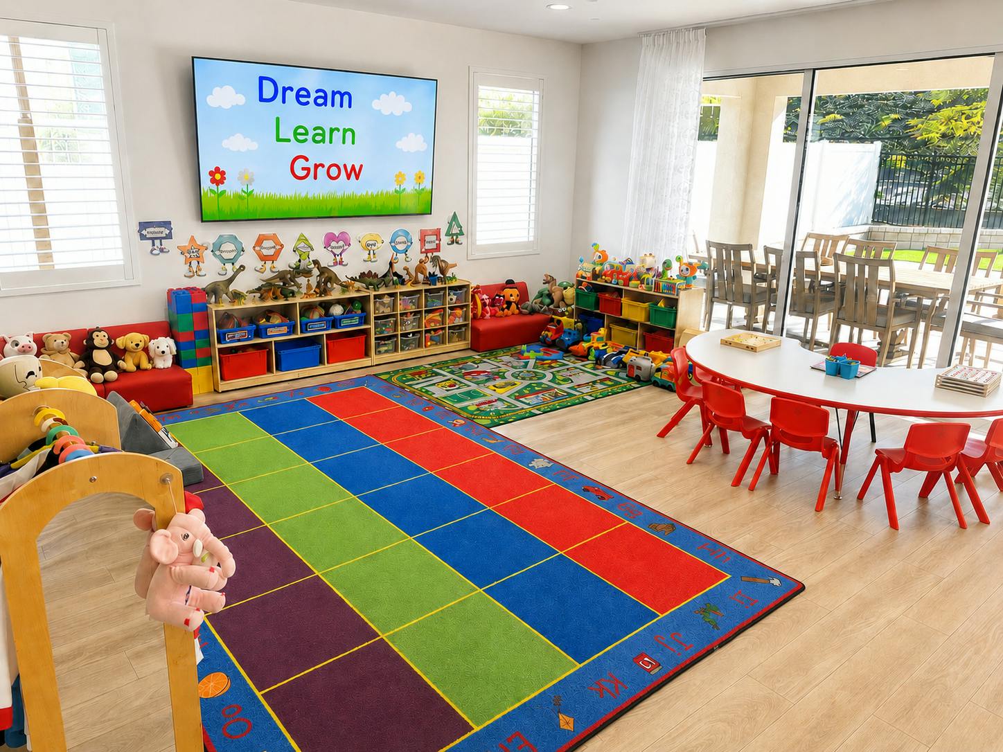 Colorful playroom with shelves, educational rugs, and toys