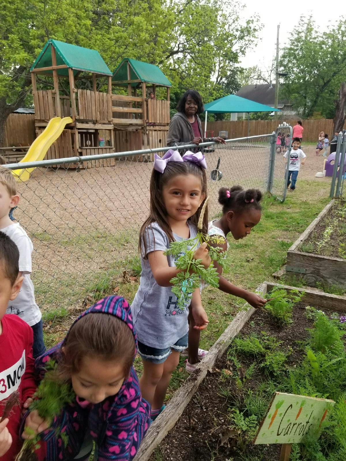 Children gardening, one holding plants, another tending to a garden bed