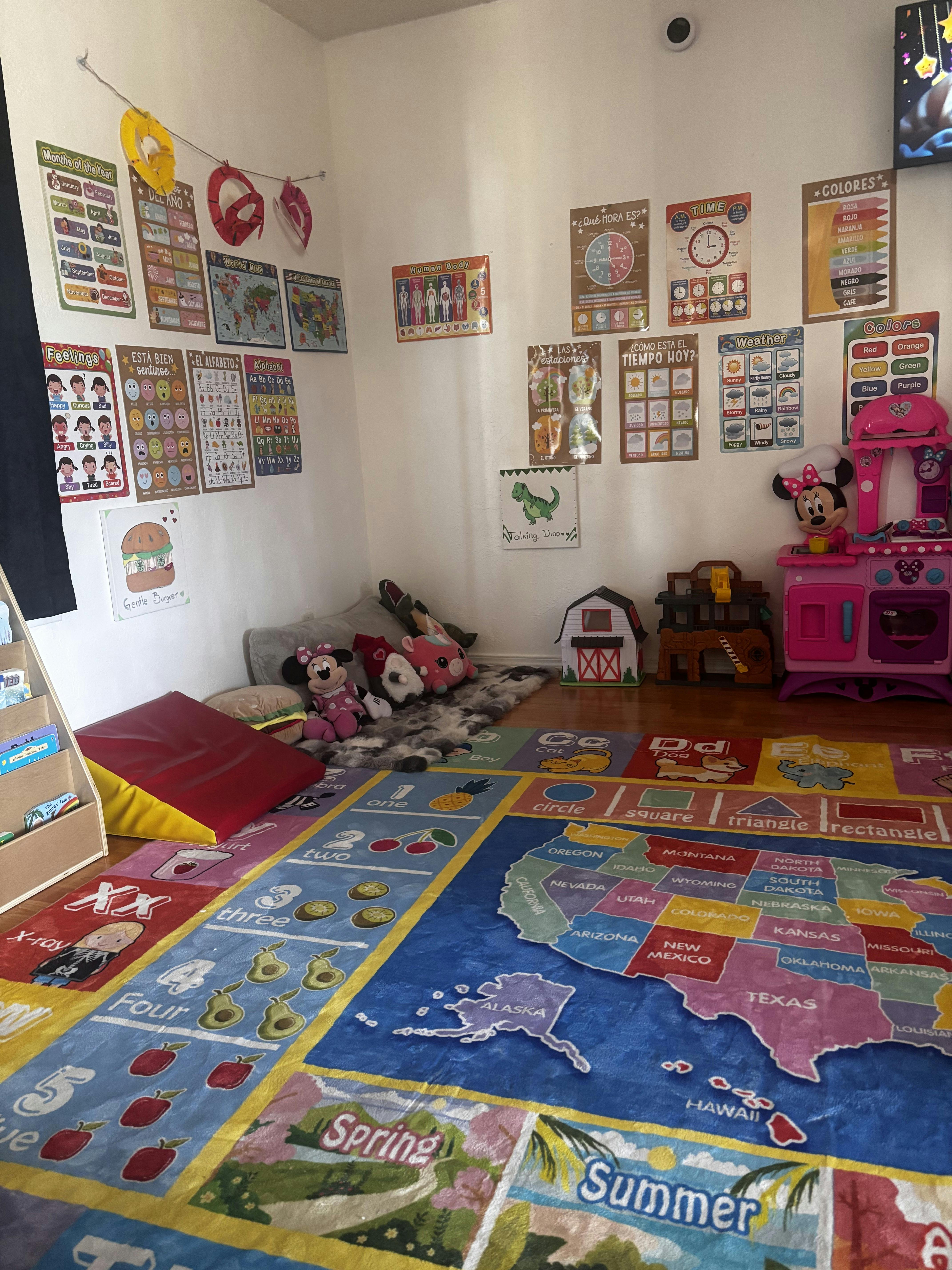 Child playroom with educational wall posters and a colorful floor rug