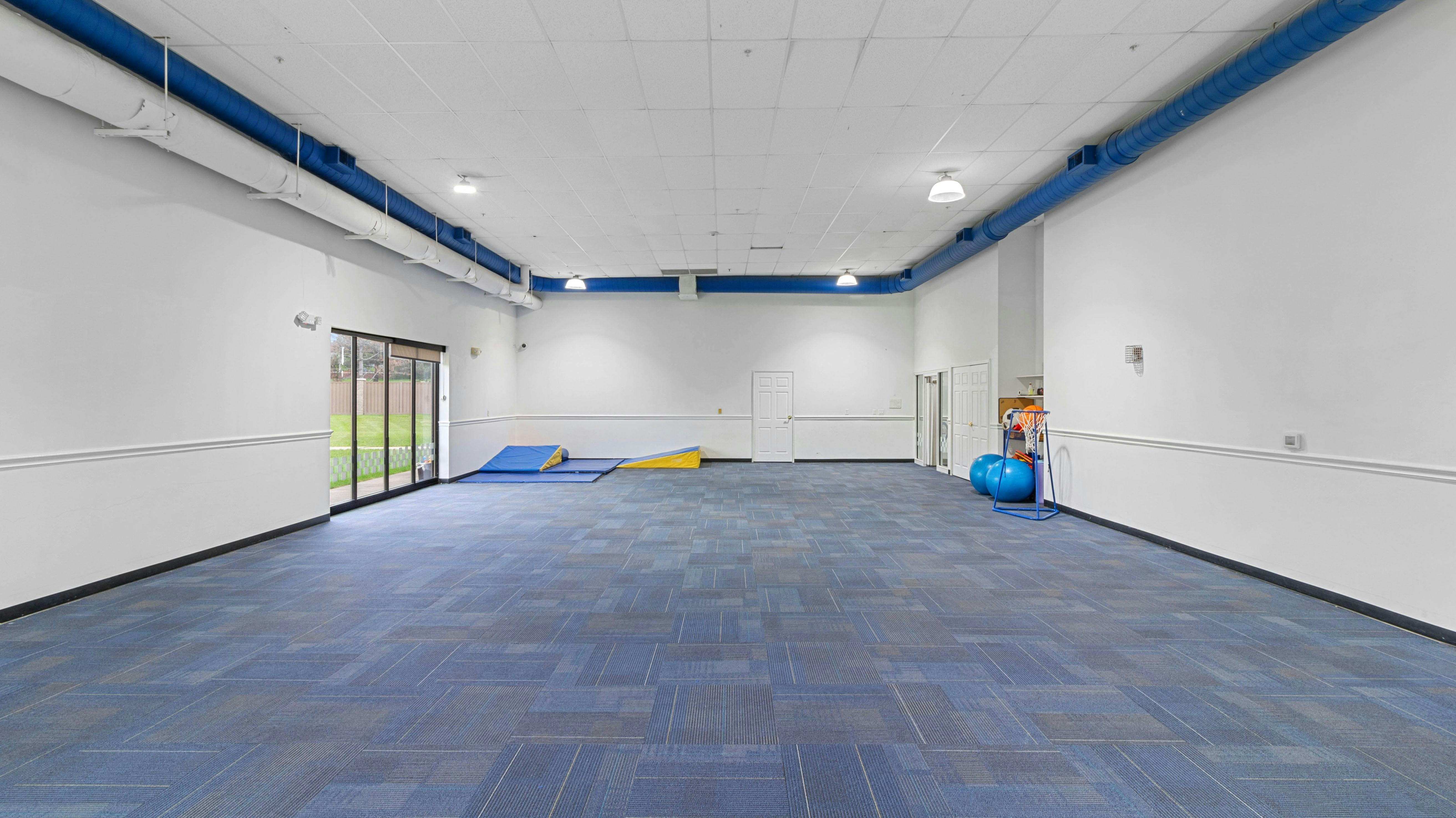 Empty activity room with blue carpet, blue exercise balls, and a gymnastics mat