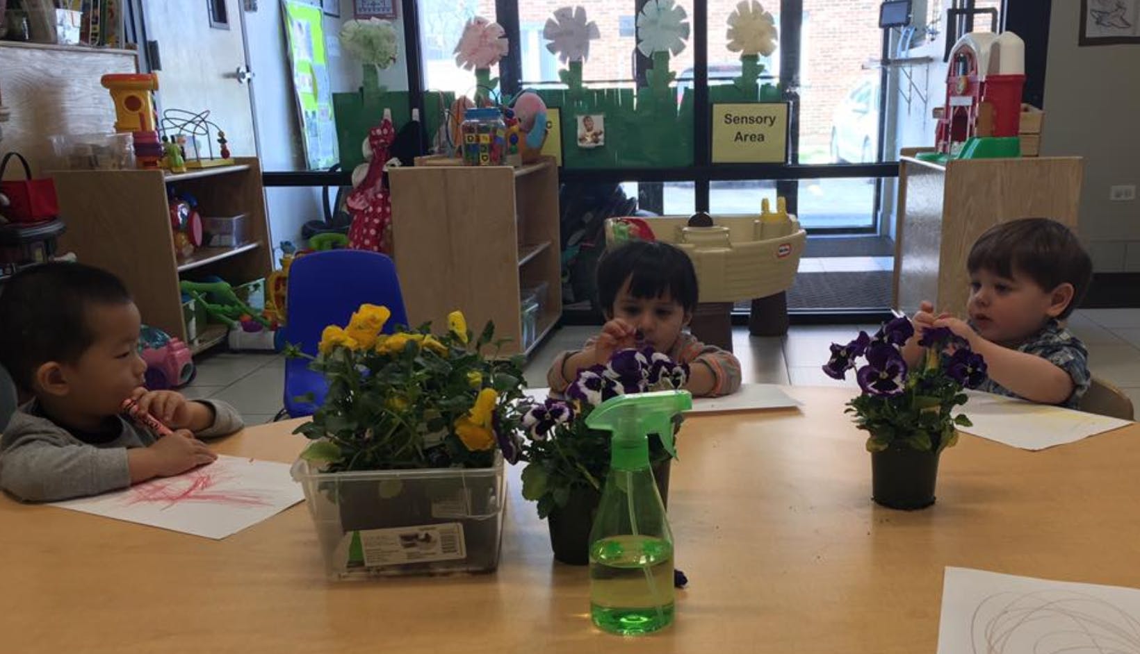 Three children at a table with potted plants