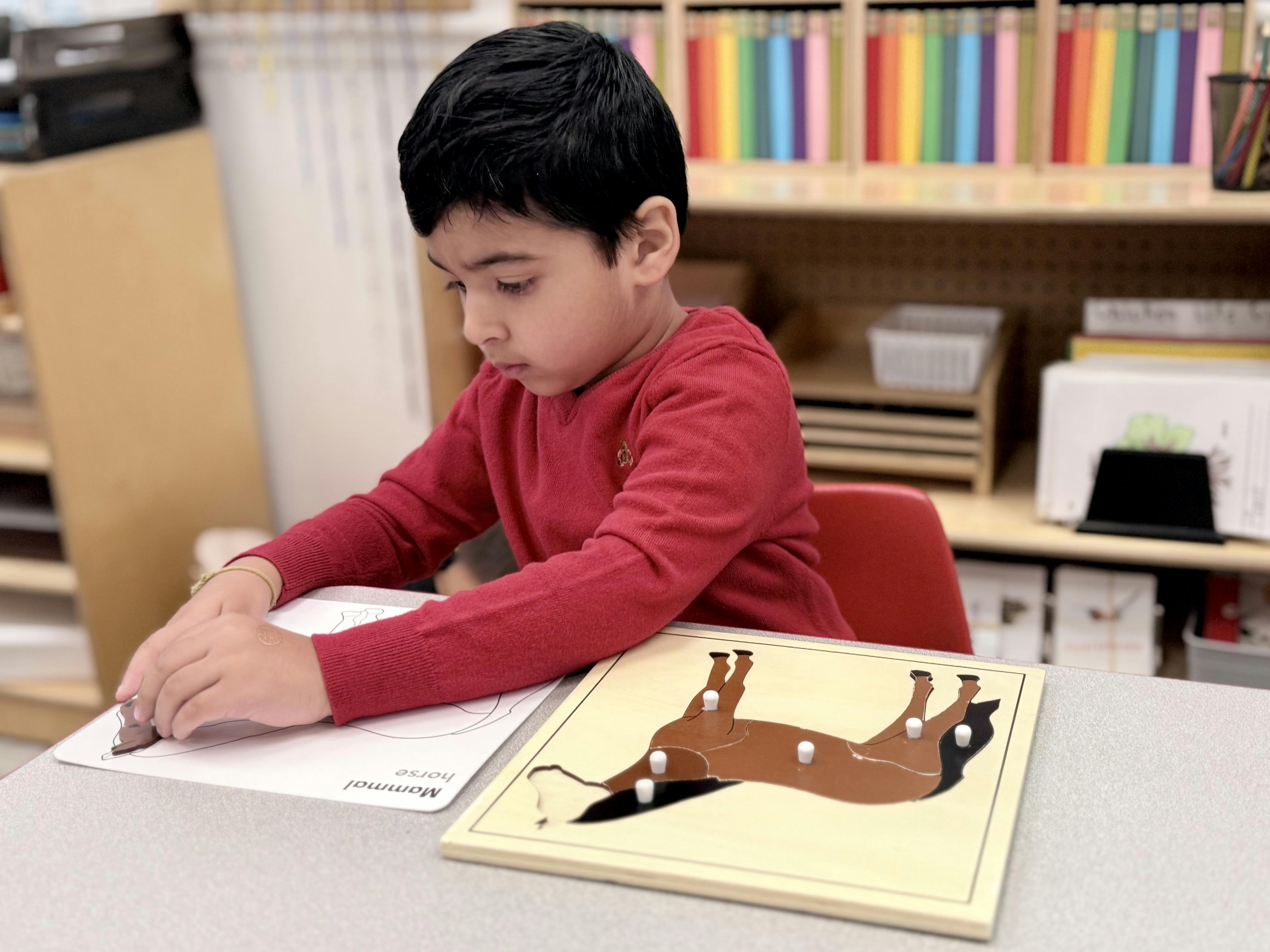 Child in a classroom working on a horse puzzle and coloring sheet
