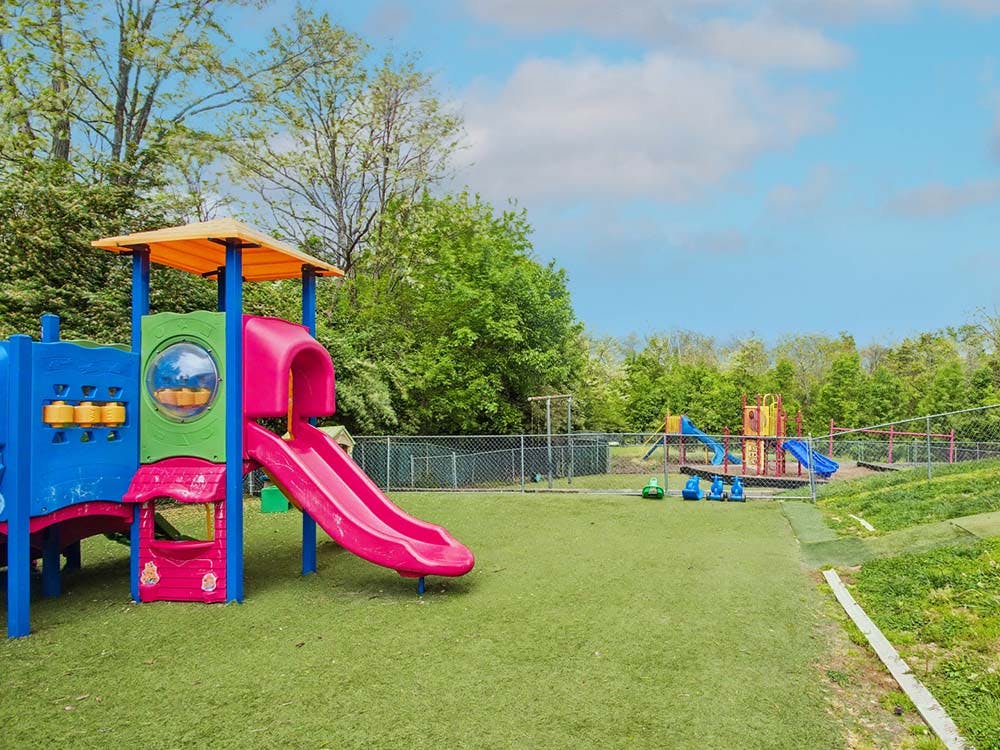 Colorful playground with bright pink slide on artificial turf with green trees