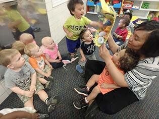 Adult reading a book to children in a classroom
