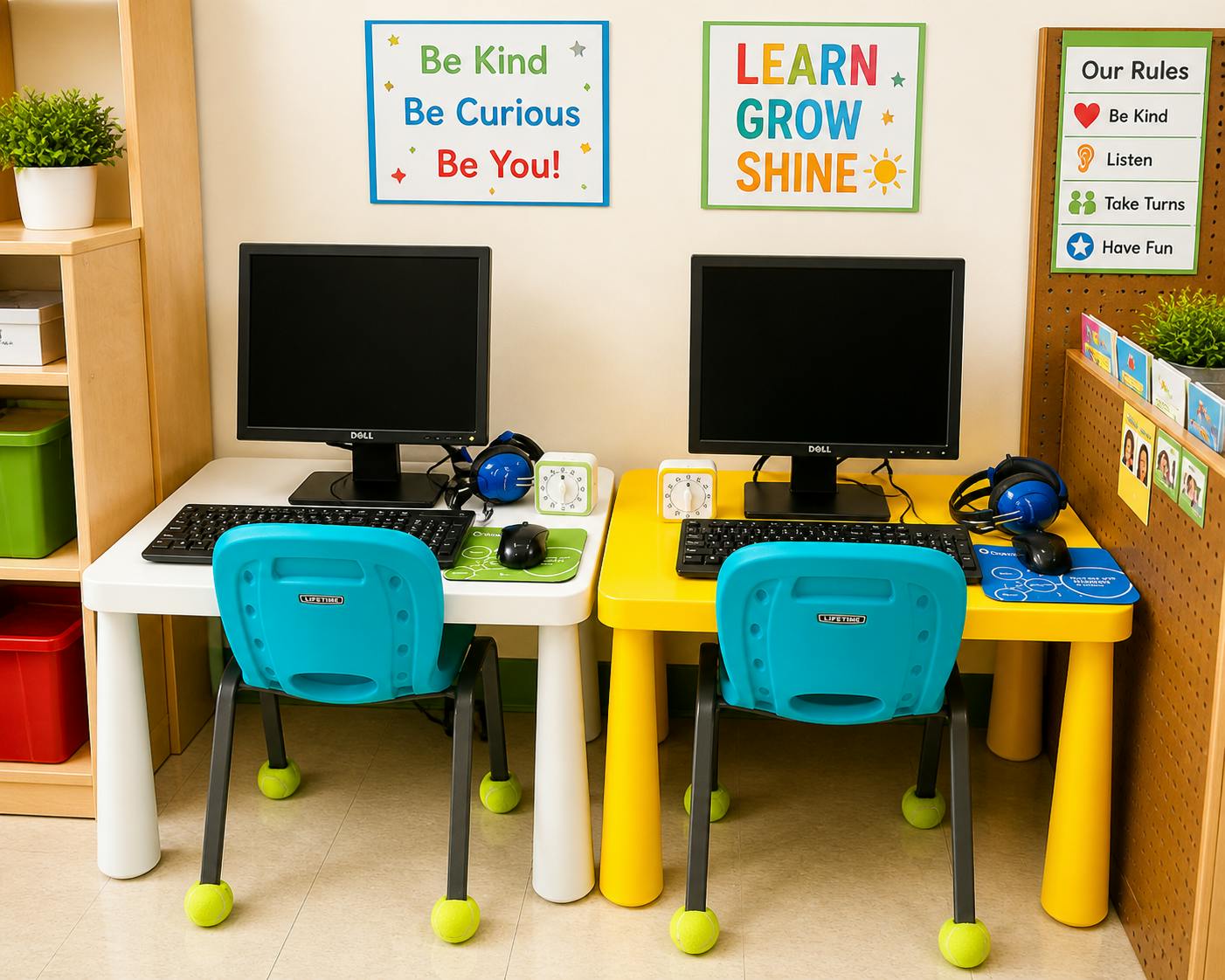 two children's computer stations with monitors, keyboards, and chairs