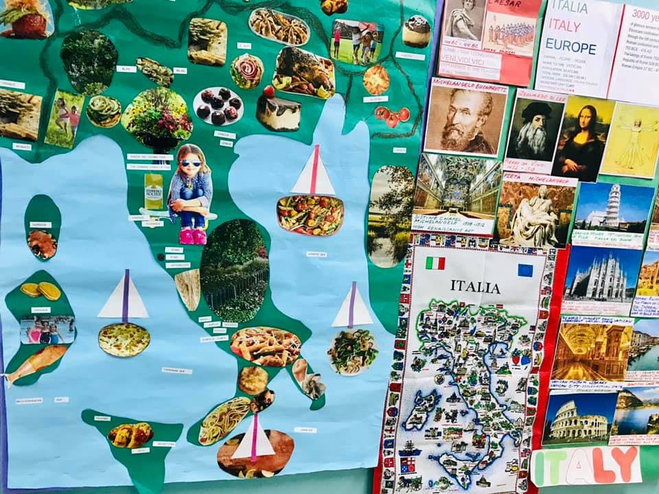 Map of Italy with food and landmarks, next to postcards