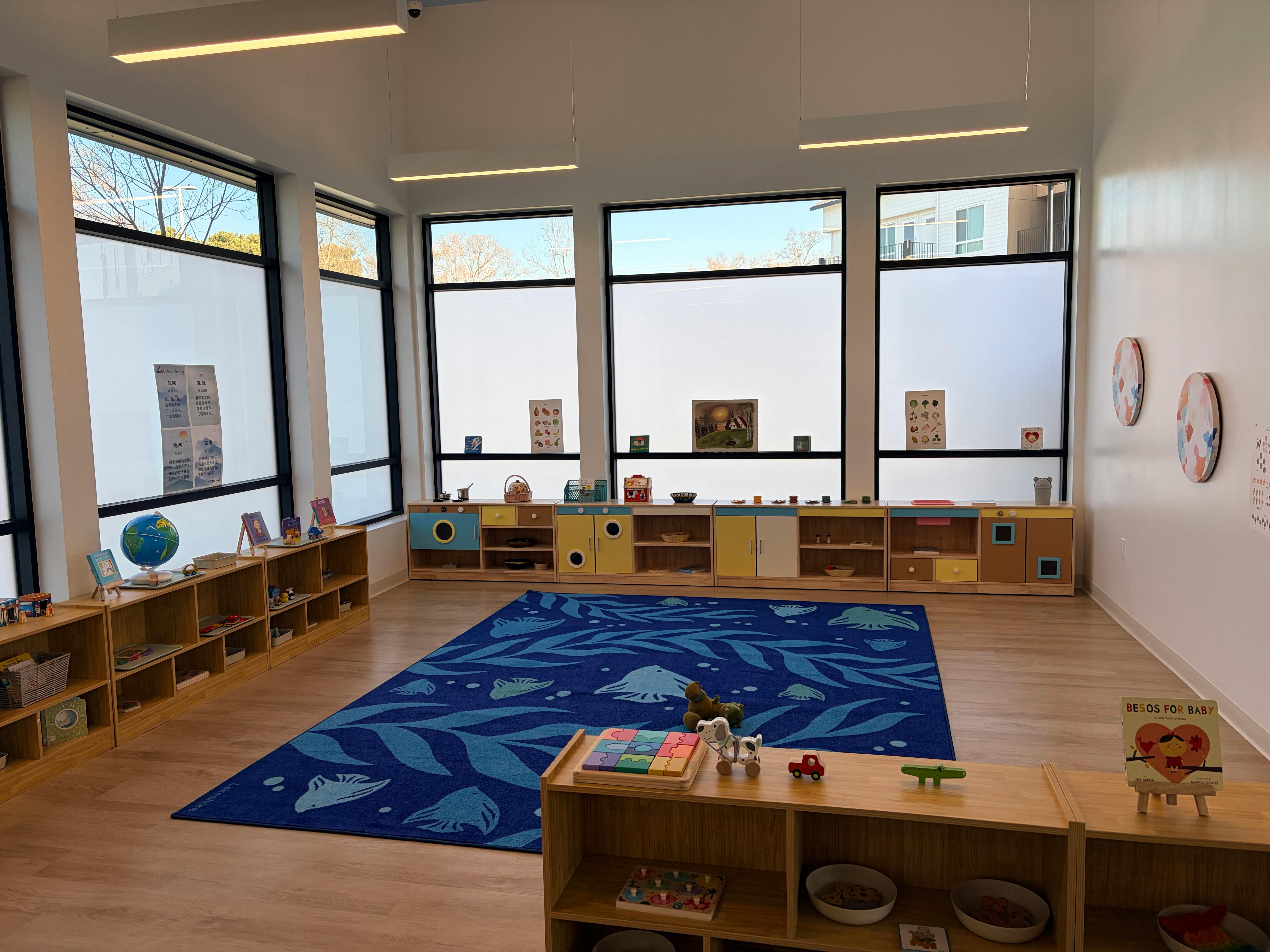 Classroom with floor-to-ceiling windows, bookshelves, and a blue rug with sea life