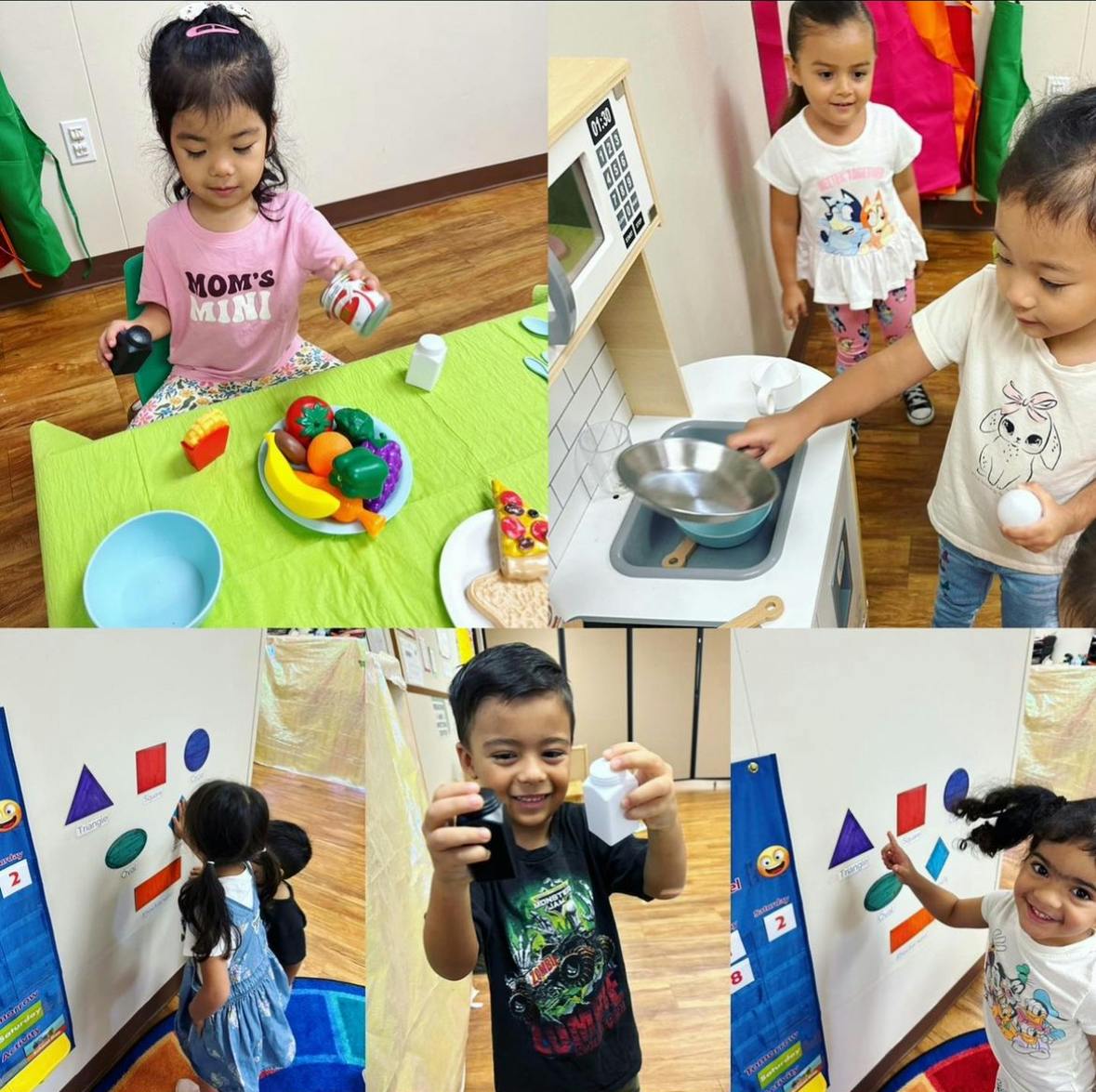 Children playing with toys, including a play kitchen and shape sorters
