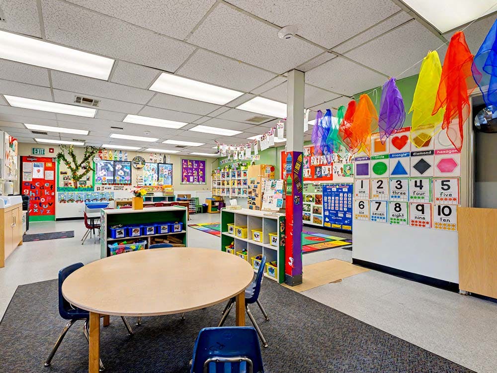 Classroom with small tables and chairs, colorful decorations, and educational posters