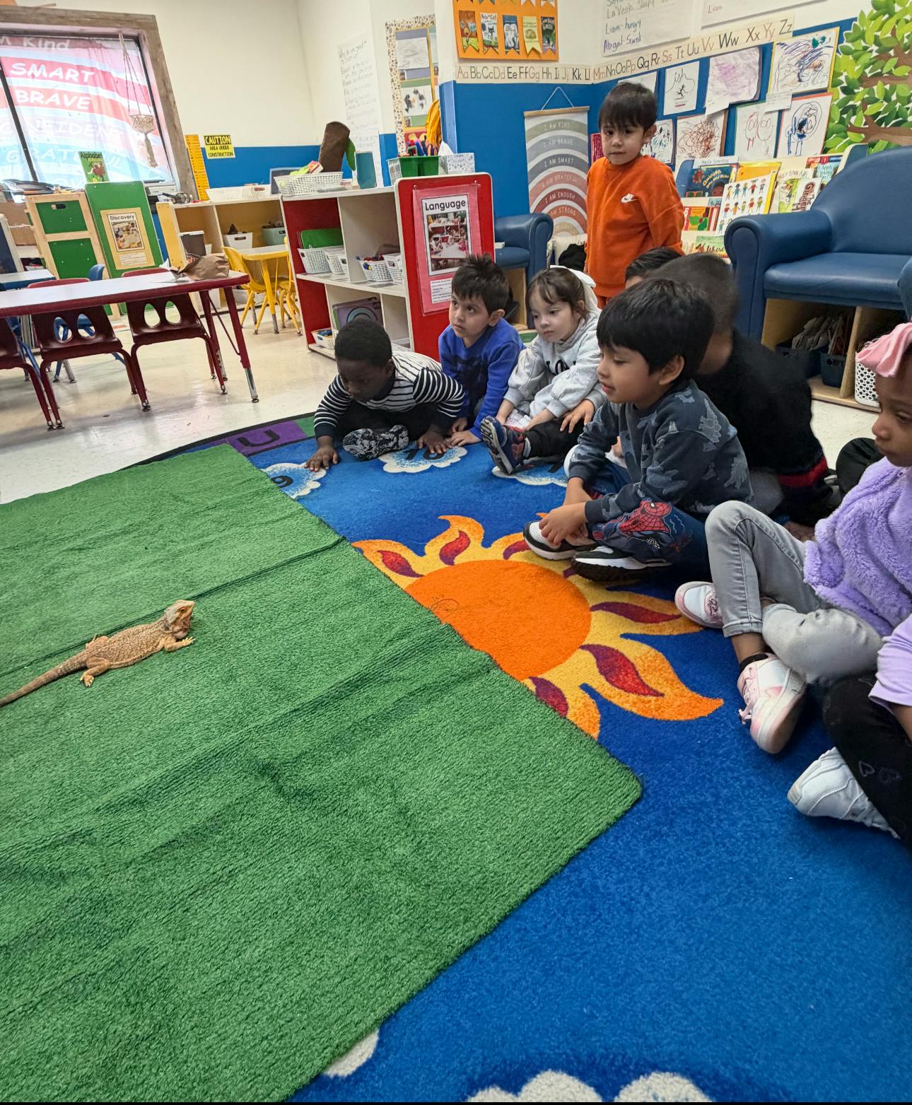 Children sitting on a rug looking at a lizard on a green mat