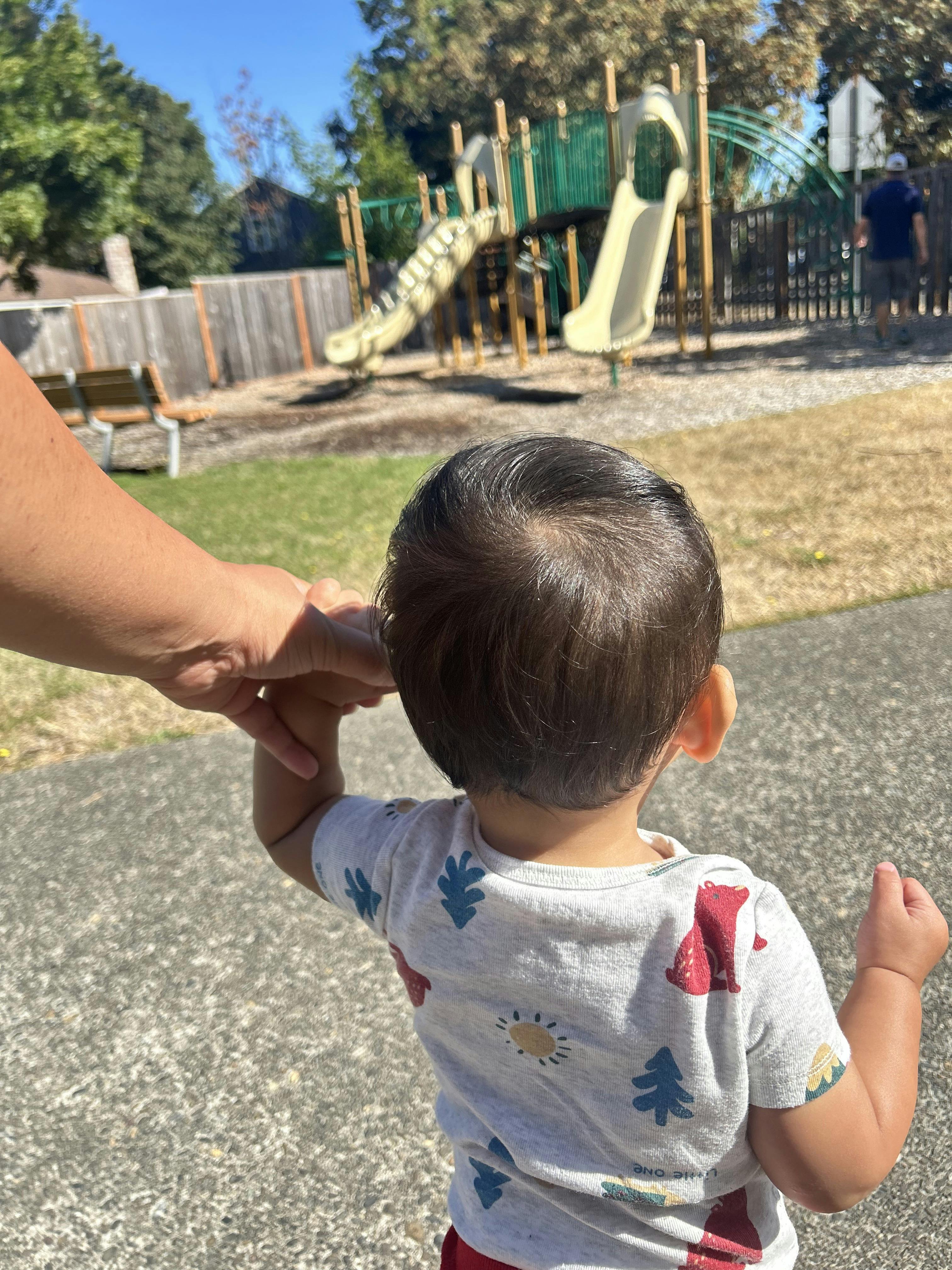 Adult holding the hand of a small child walking toward a playground