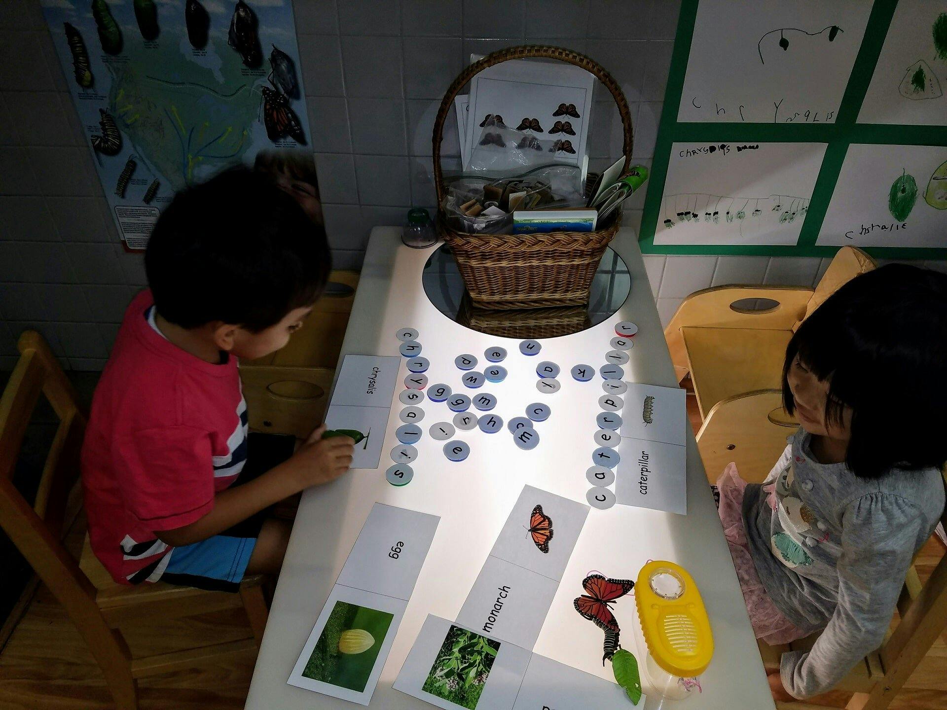 Two children at a light table with learning materials