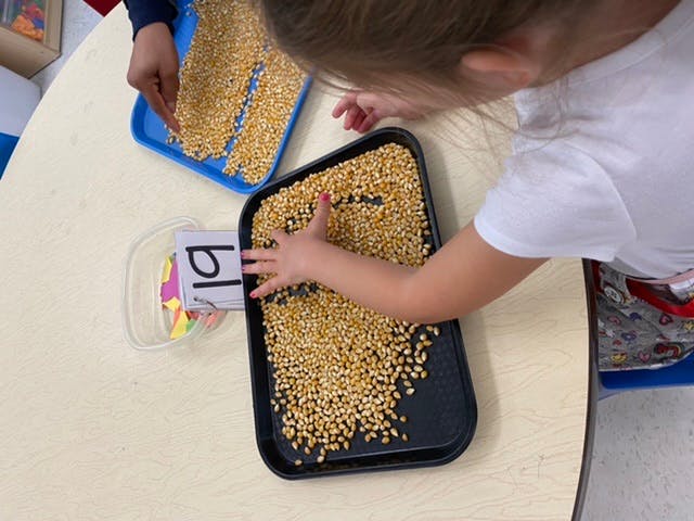 Child playing with grains on a tray