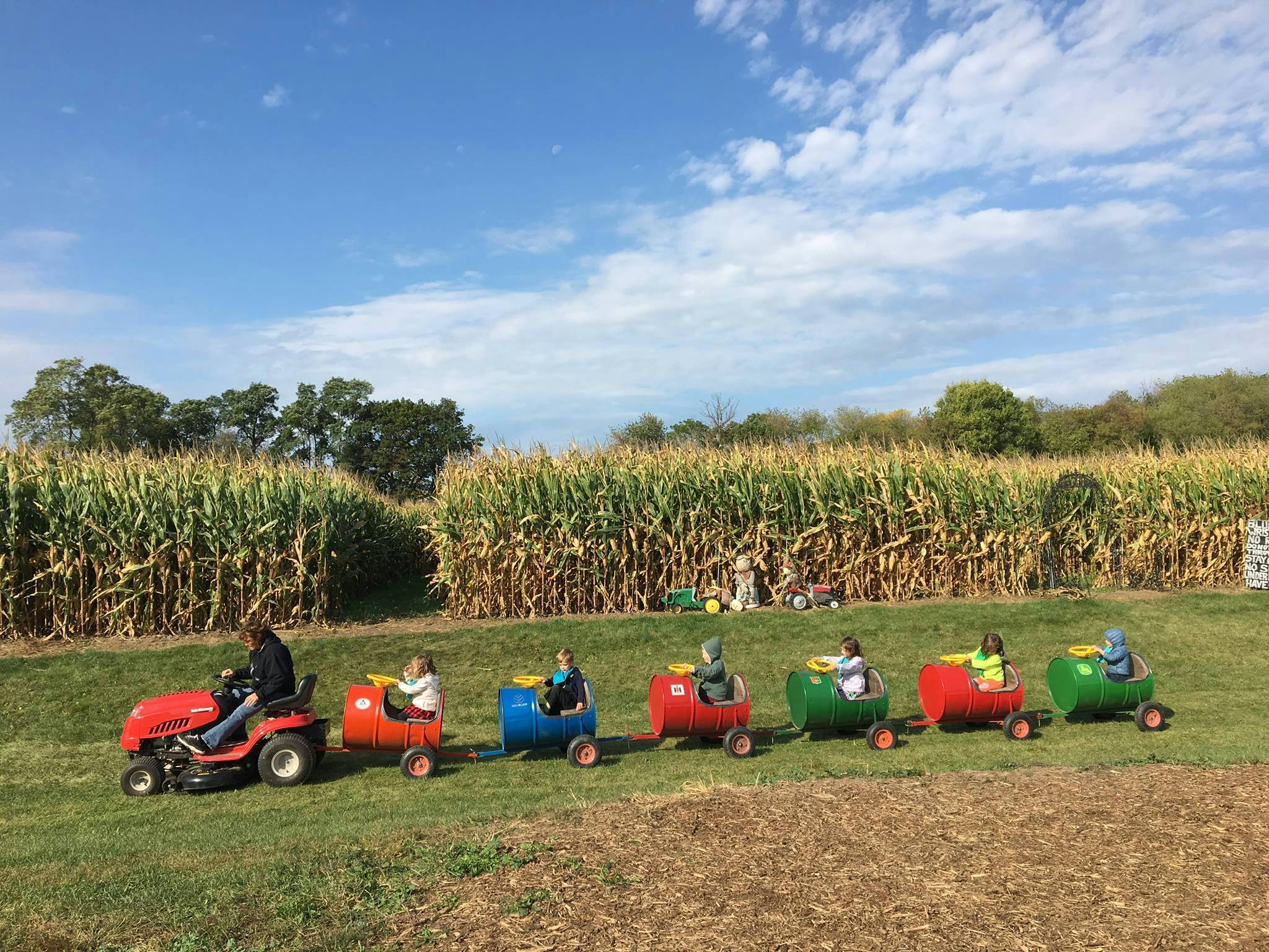 Person driving a tractor pulling children in barrel cars next to a cornfield