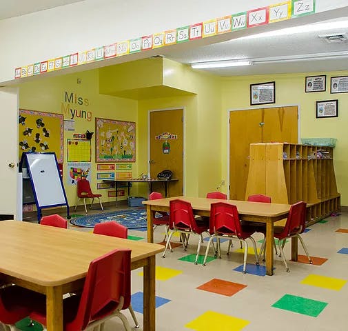 Classroom with small tables and red chairs
