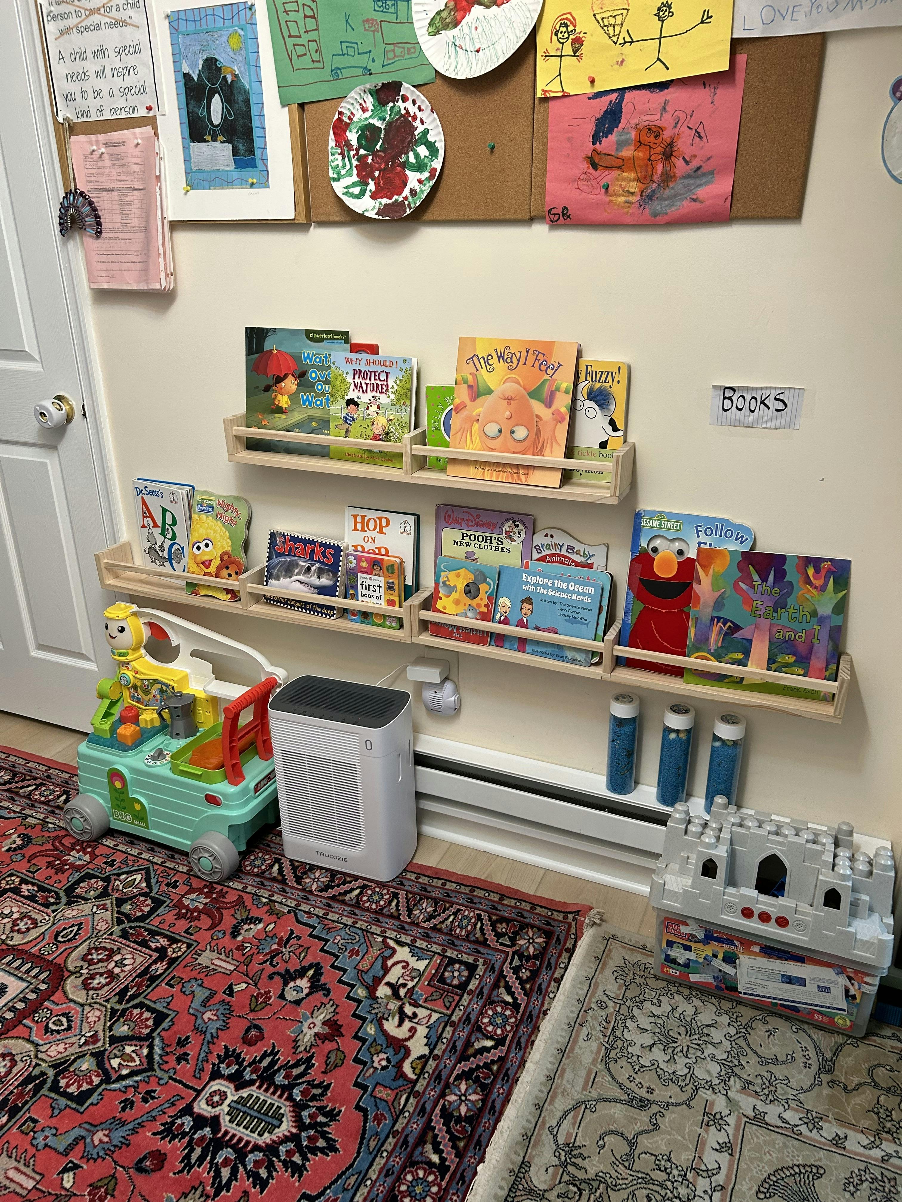Children's books on wall shelves above toys and rugs