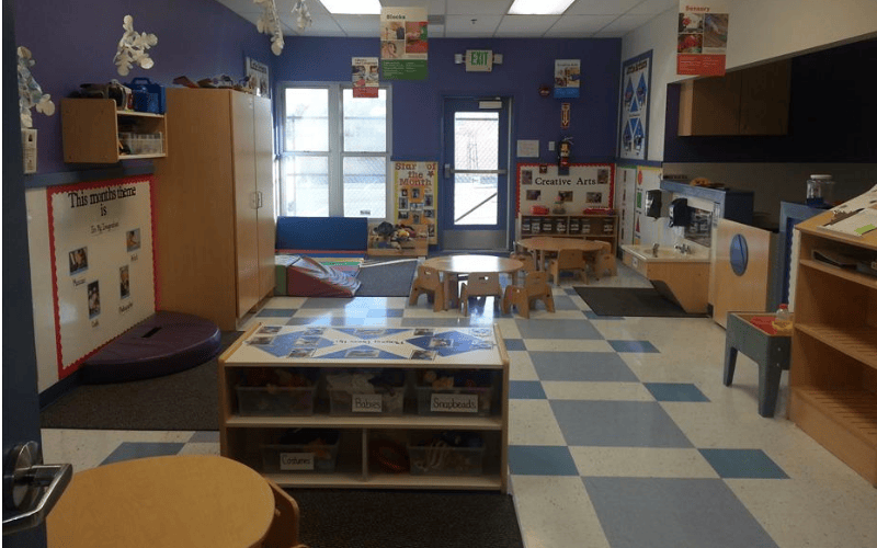 A classroom with small tables and chairs, shelves with toys, and blue and white checkered floor