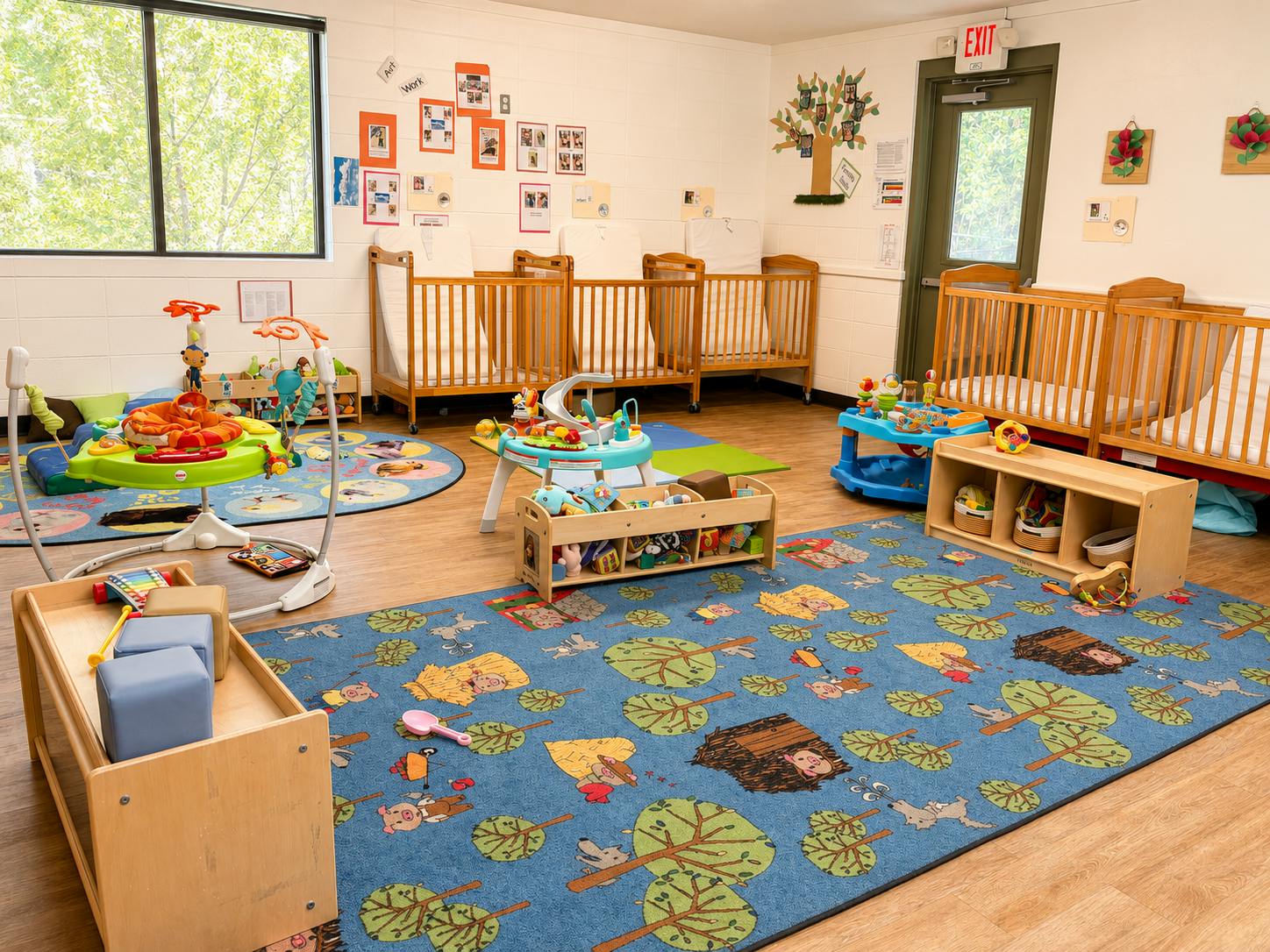 Empty infant daycare room with wooden cribs, floor rugs, and various baby toys