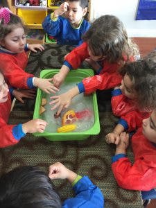 Children playing with water and toys in a green bin