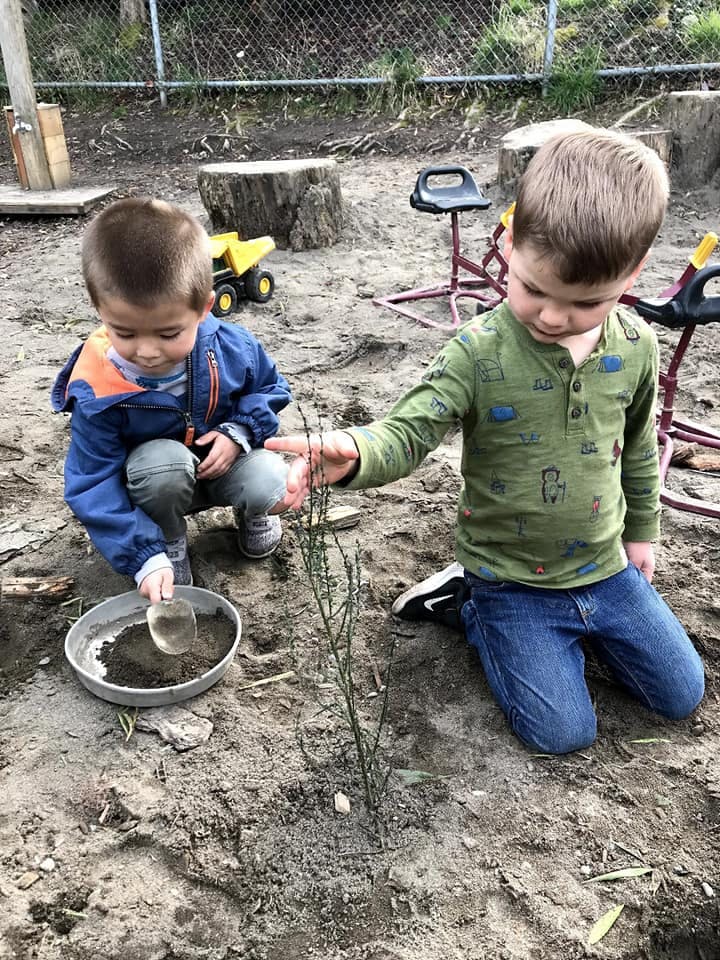 Two children playing with dirt and a small plant outdoors