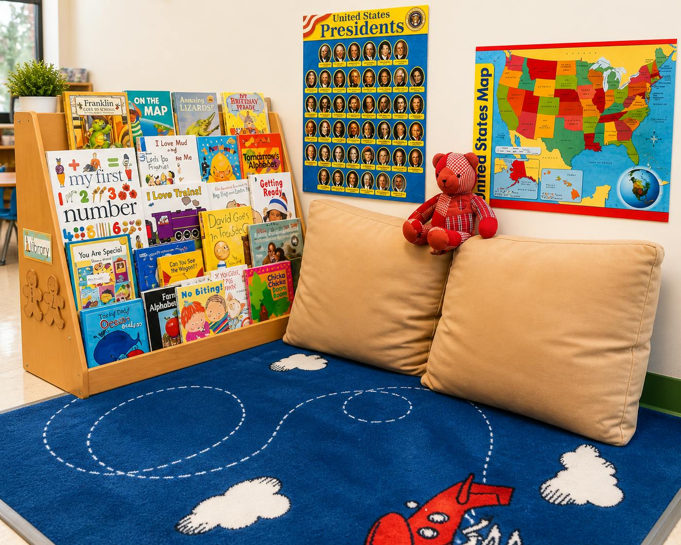 Child's reading corner with a bookshelf, teddy bear, pillows, and a rug