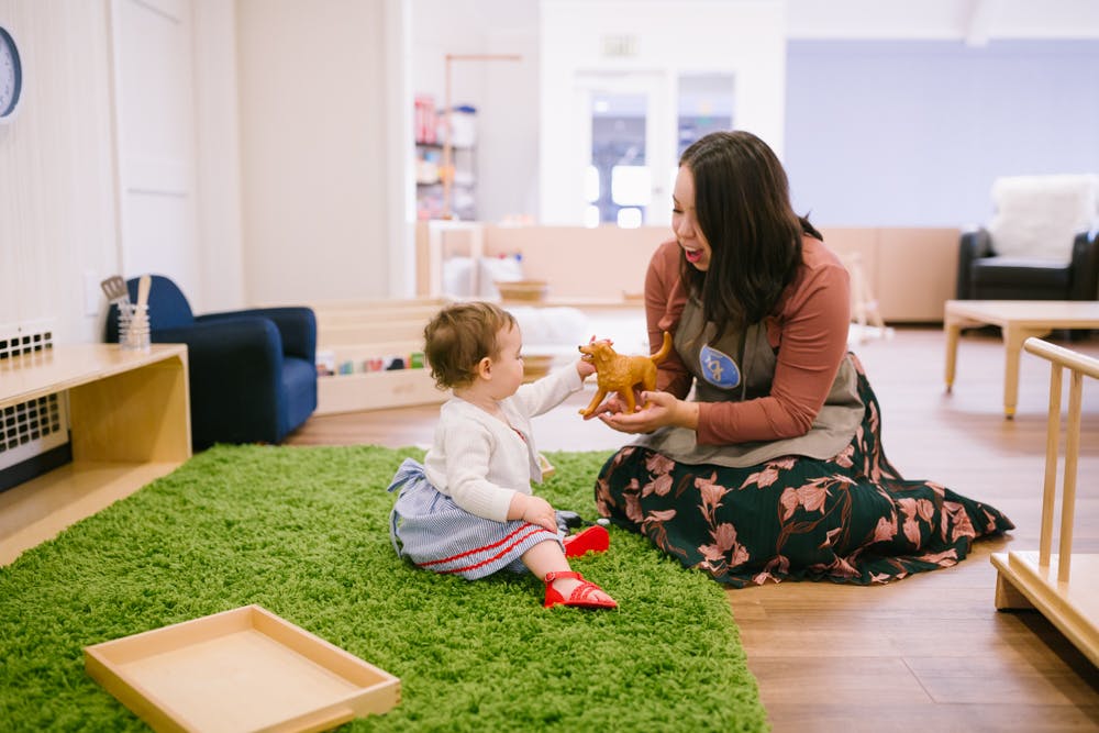 Person and child playing with a toy animal on a green rug