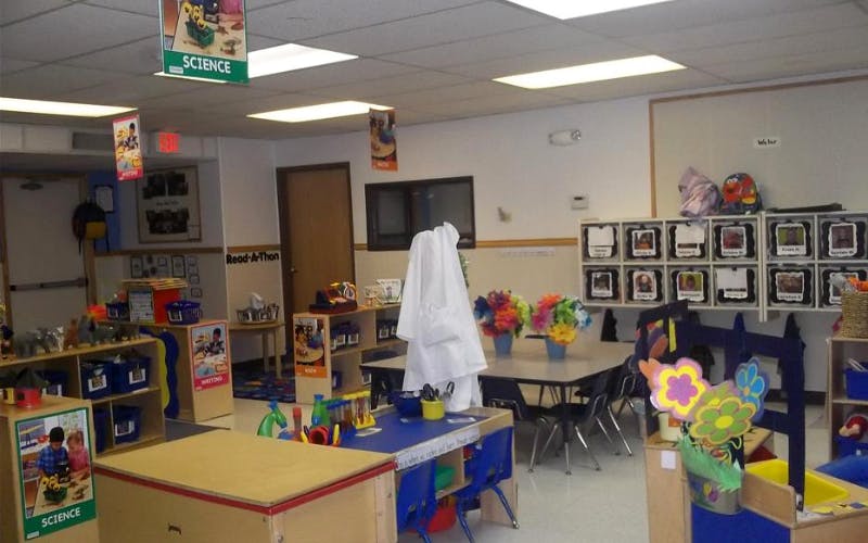 Classroom with tables, chairs, science posters, and learning stations