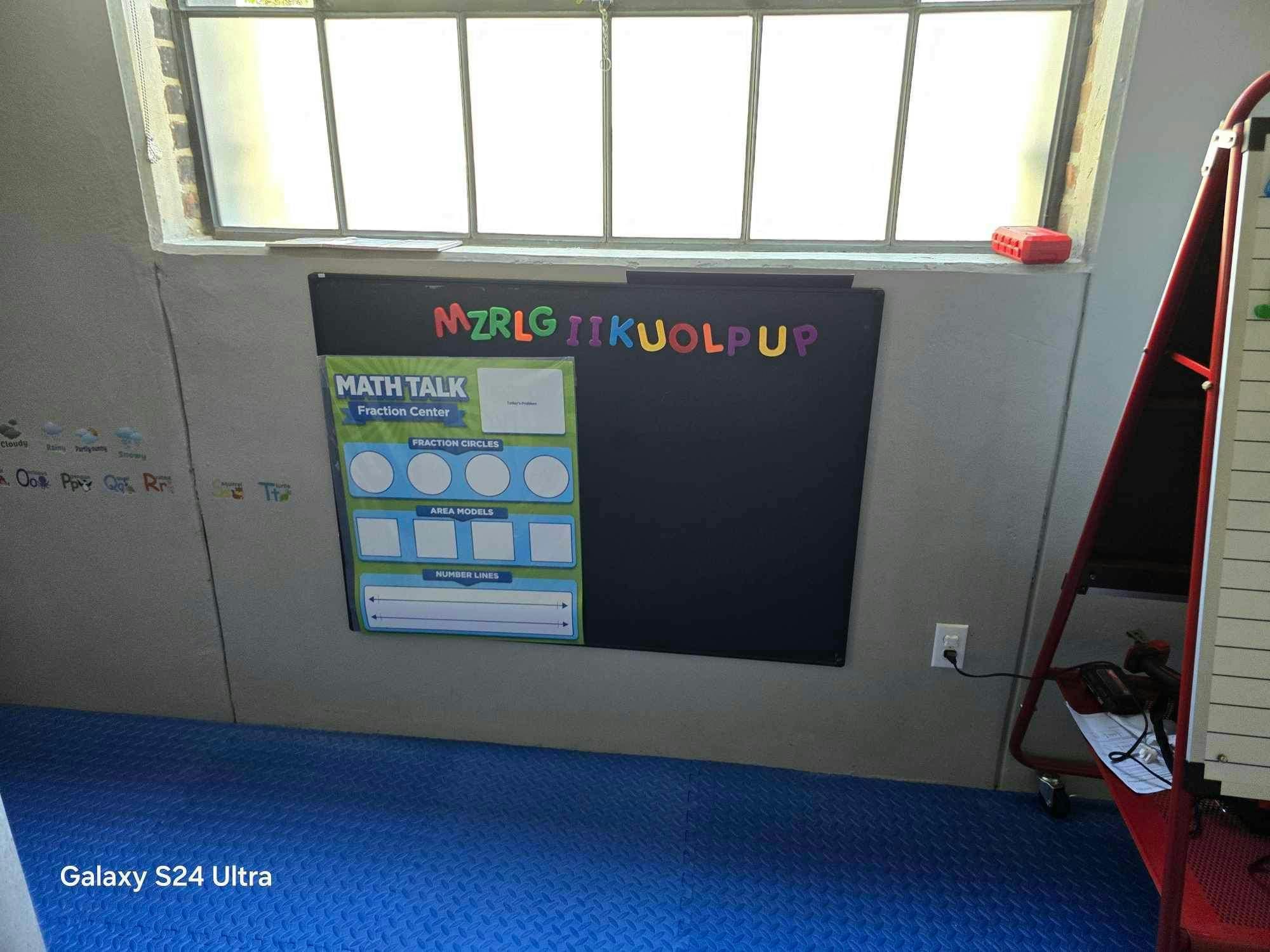 Classroom wall with a "Math Talk" poster and colorful letters