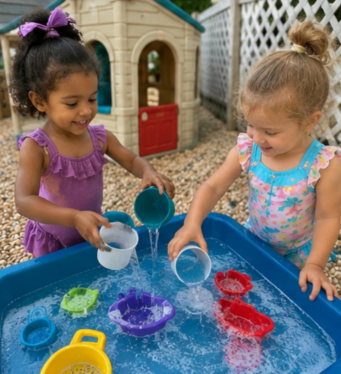 Two children playing with water and plastic toys in an outdoor water table