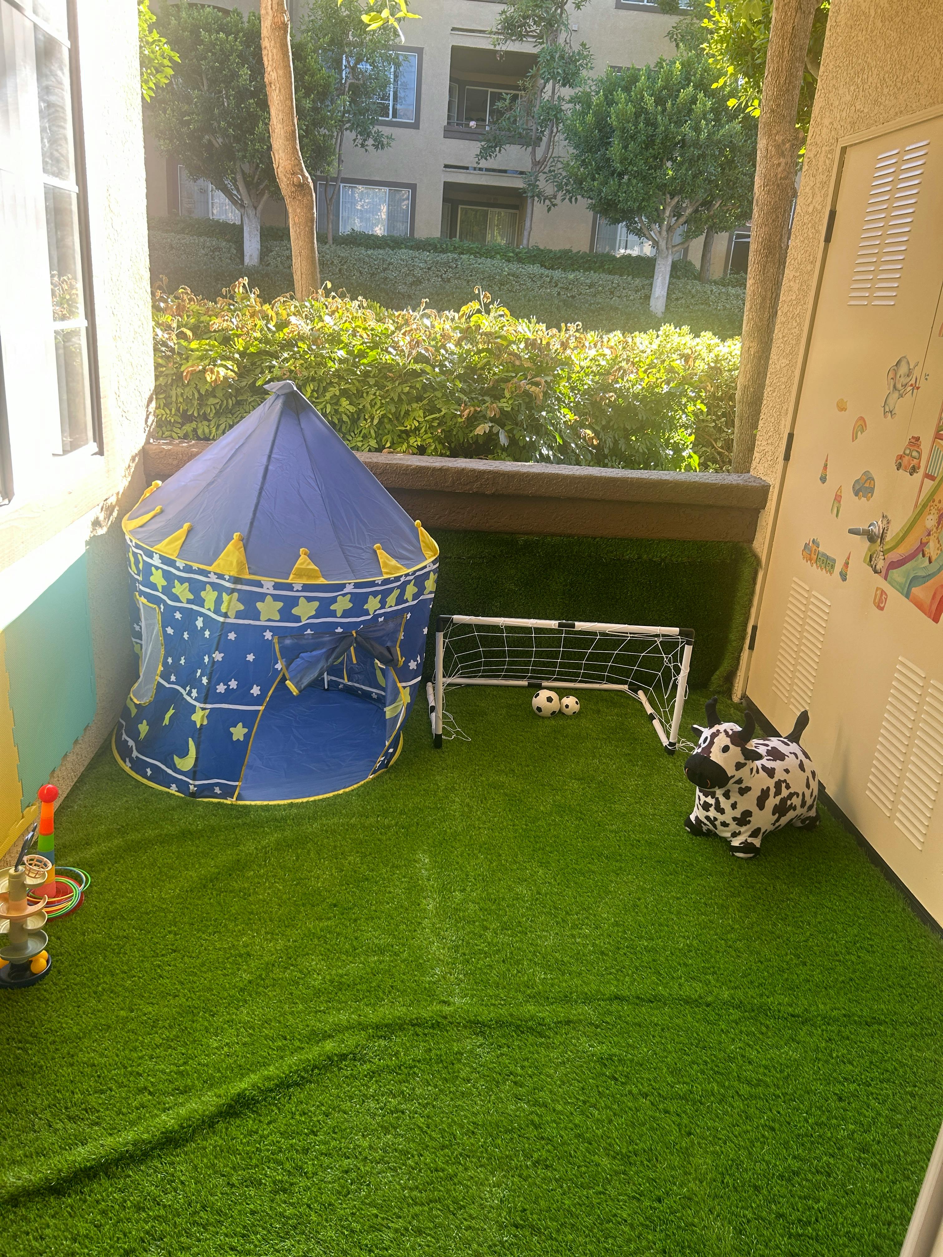 Play tent, soccer goal with balls, and dog toy on artificial grass