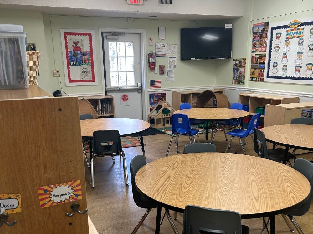 Classroom with round tables and chairs