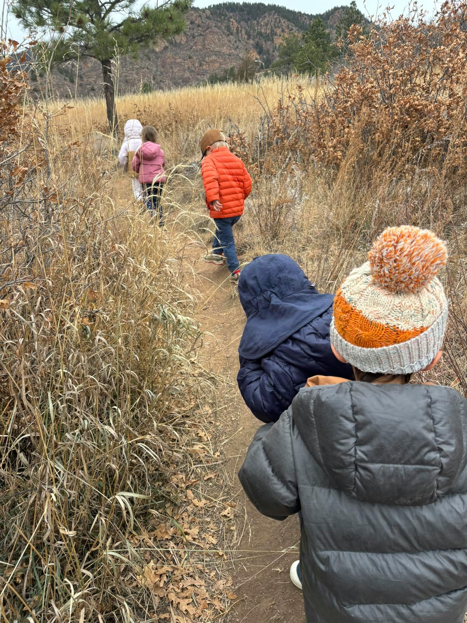 Group of children hiking on a dirt trail