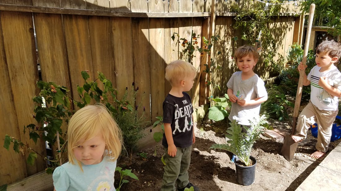 Three children and one child in the background standing in a garden