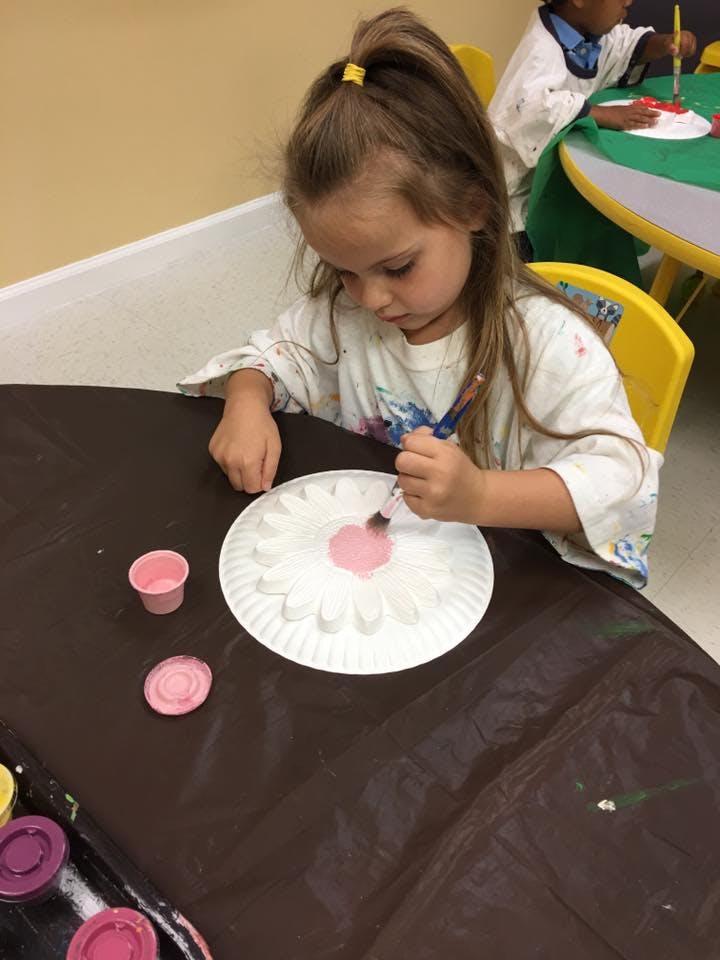 Child painting on a paper plate in a classroom