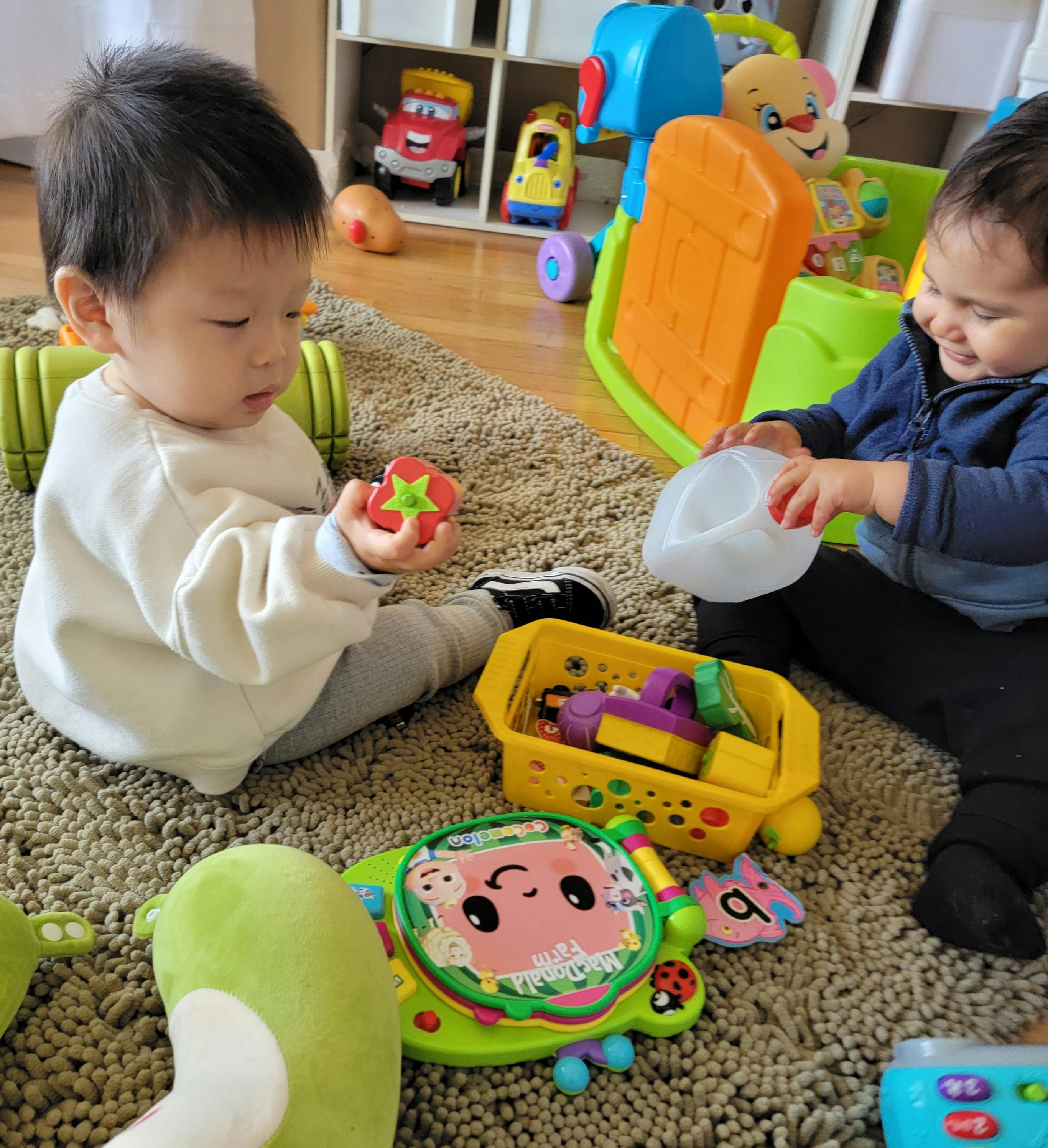 Two children playing with toys on a rug