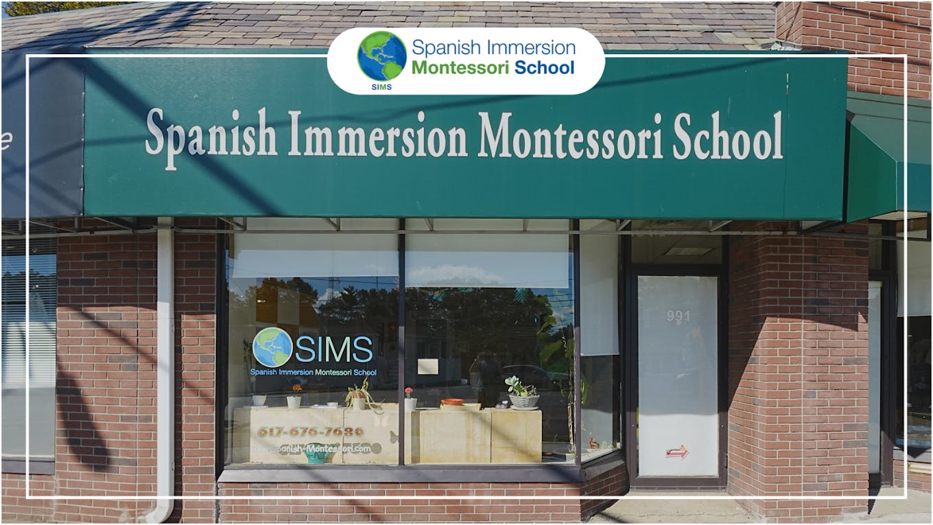 Spanish Immersion Montessori School sign on green awning