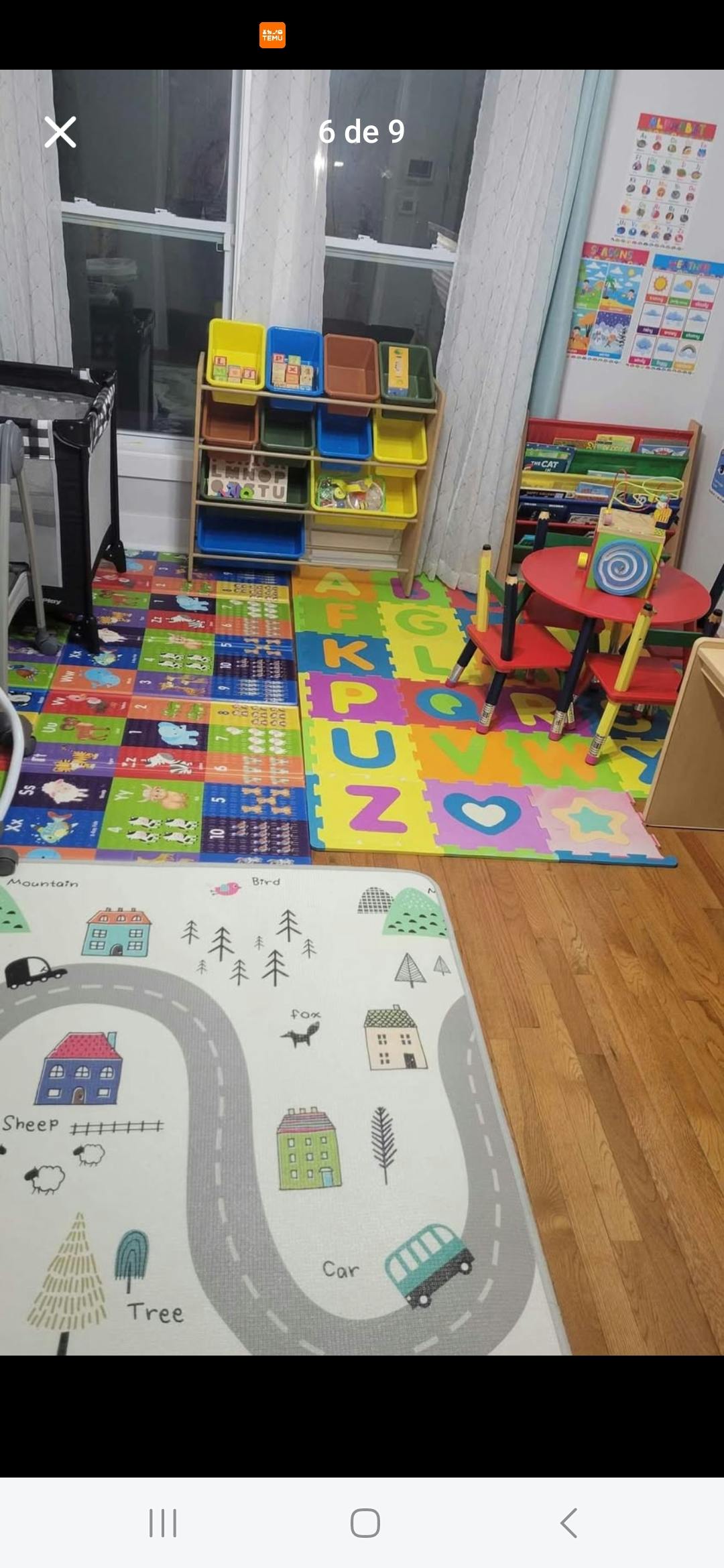 Playroom with colorful alphabet floor mats, toy storage, and small table and chairs