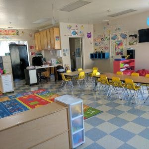 Classroom with small tables and chairs