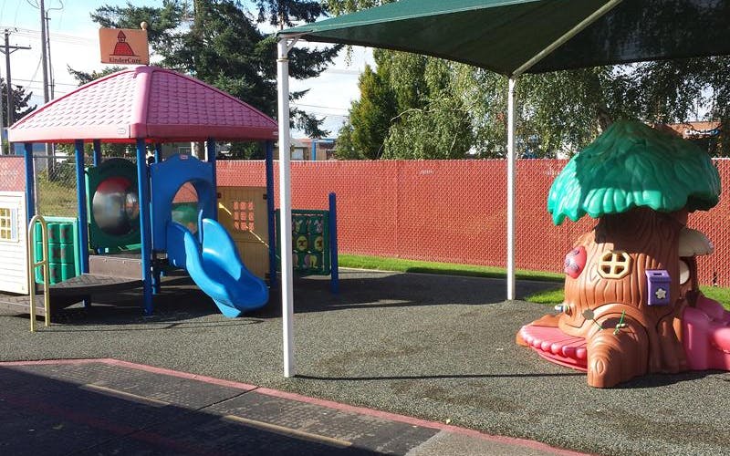 A playground with a slide, climbing structure, and tree-shaped playhouse