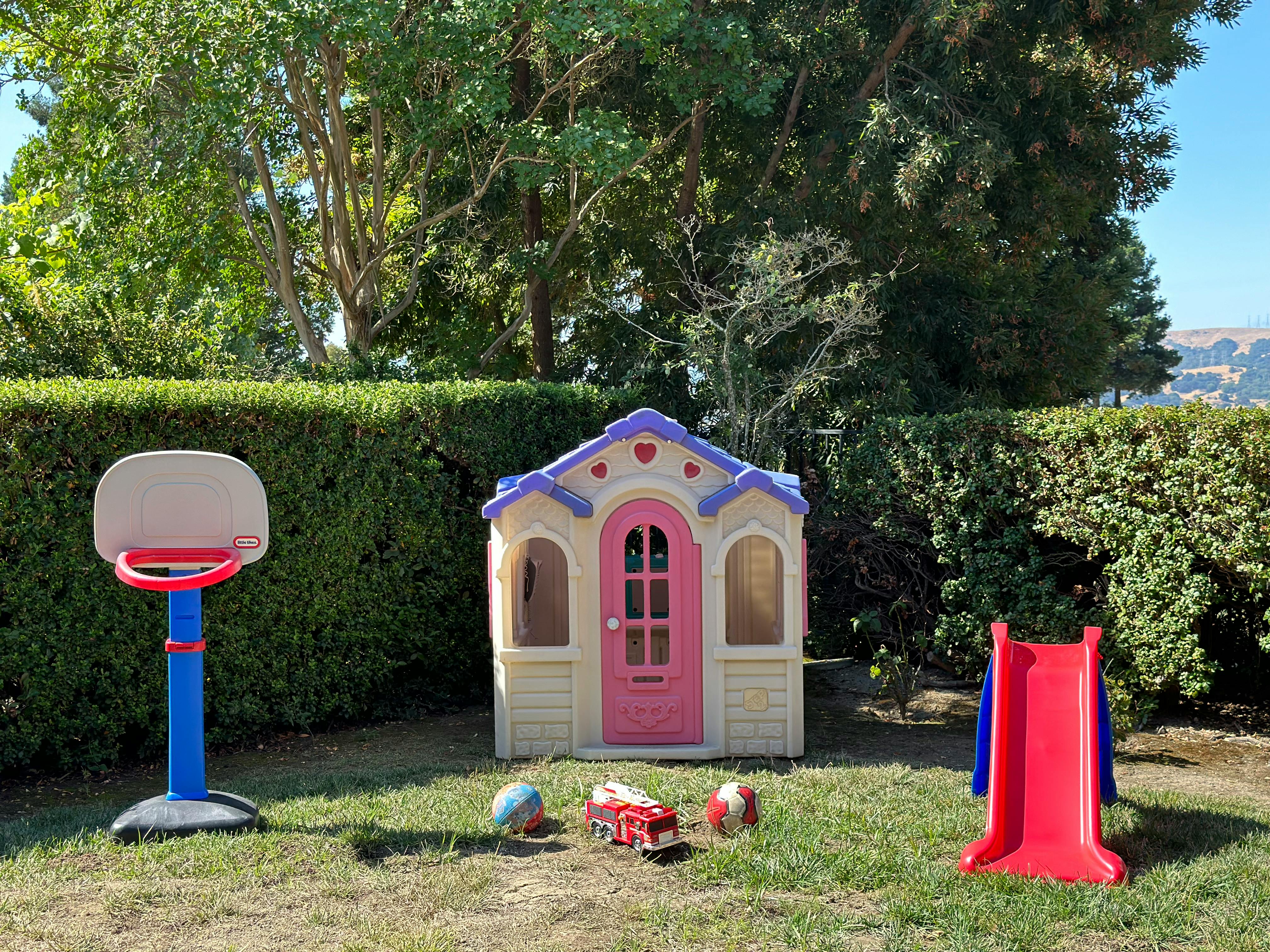 Playhouse, basketball hoop, and slide in a yard
