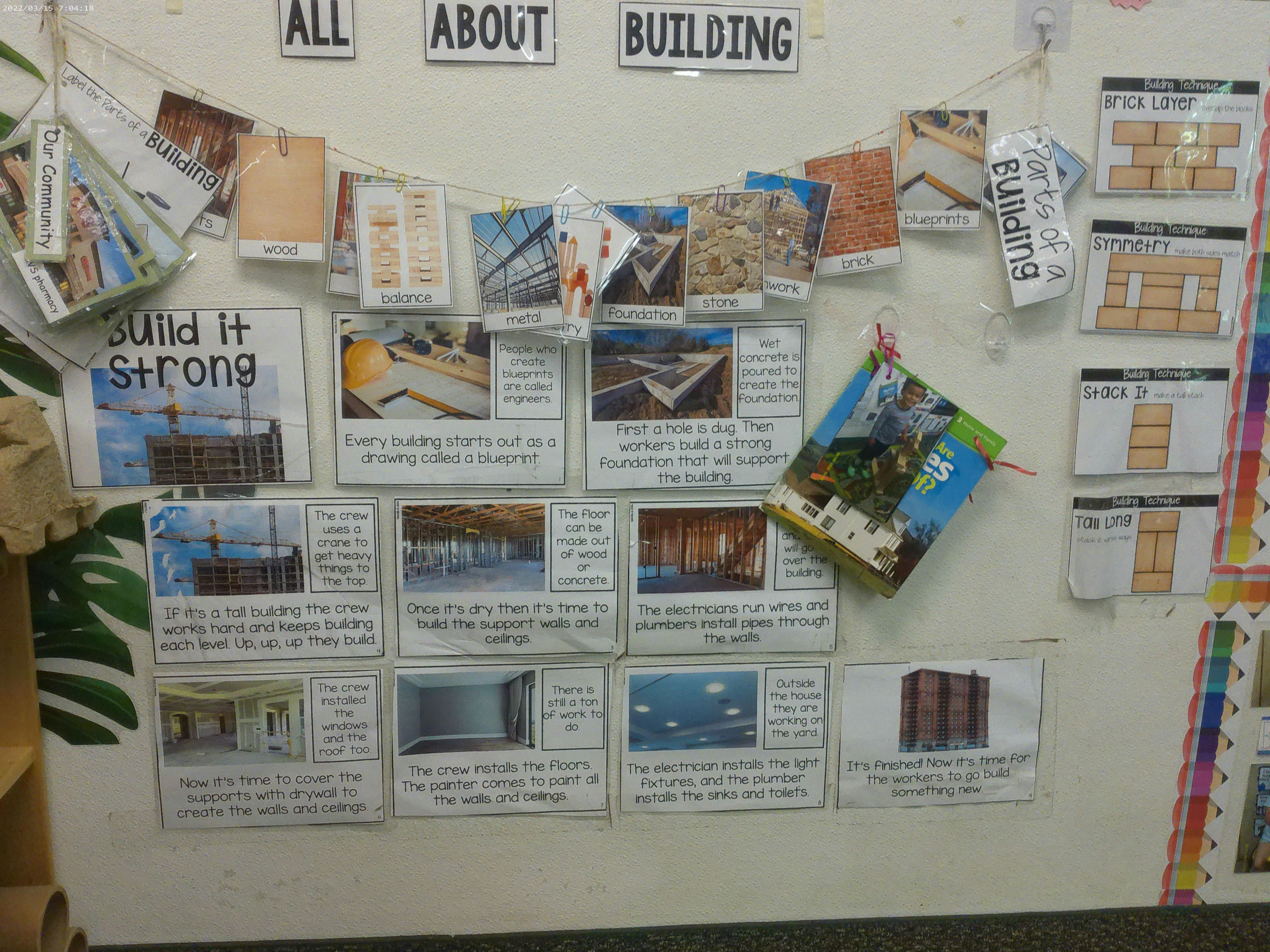 Classroom display with text "All About Building" and various images and descriptions