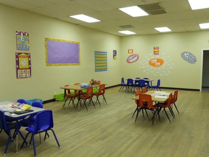 Classroom with small tables and chairs